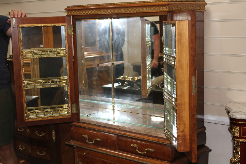 A Meuble Francais gilt metal mounted burrwood cocktail cabinet, W.86cm D.43cm H.158cm